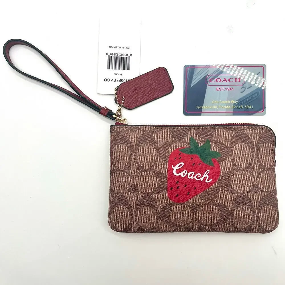 COACH NWT Signature Leather Strawberry Corner Zip Wristlet